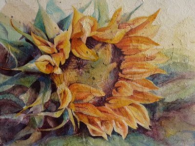 Sun Worshiper ©Carolyn Wilson. Sunflower.Watercolor and rice paper collage.
