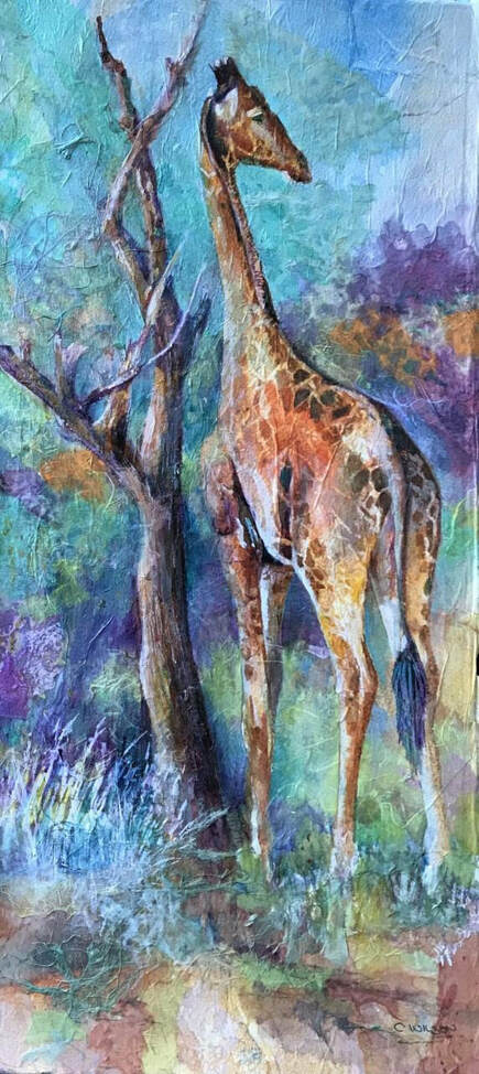 African giraffe mixed media painting by Carolyn Wilson